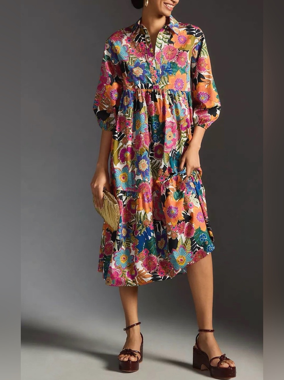 Anthropologie The Bettina Floral Tiered 100% Cotton Midi Dress size Medium